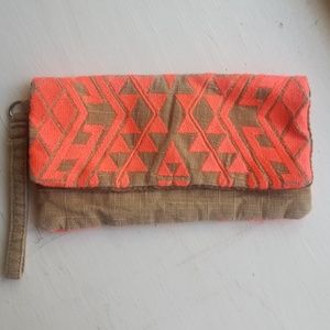 Limited Edition Neon Coral and Tan Tribal Clutch